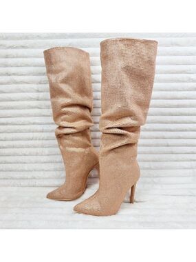 Radiant Beige Rhinestone High Heel Slouch Knee High Boots
